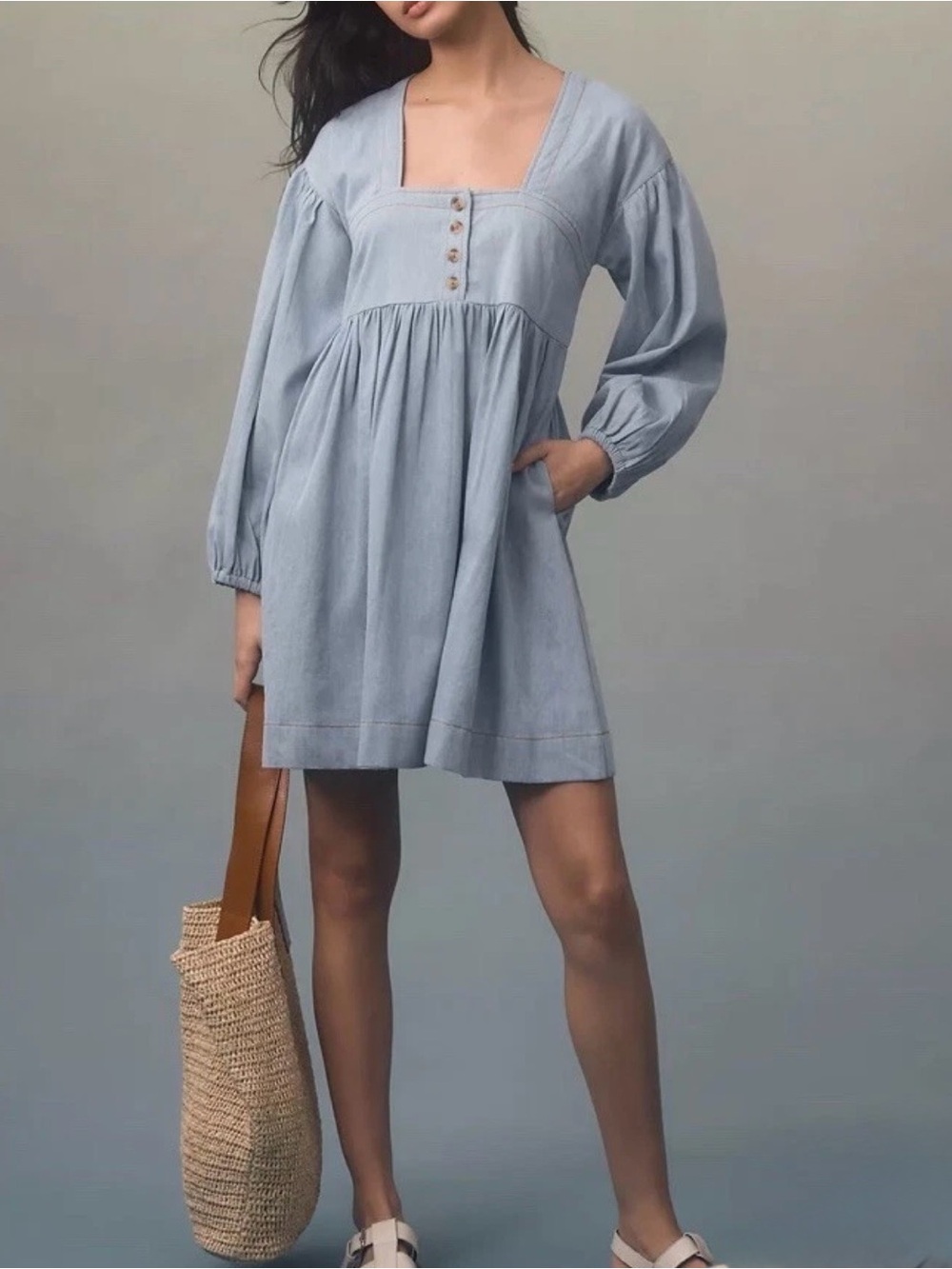Anthropologie Long Sleeve Square Neck Denim Babydoll Mini Dress LP Bohemian